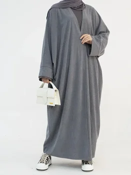 Žiemos Abaja Ramadanas Eid Kimono Velvetas Suknelė Atvira Abayas Moterų Dubajus Ilgas Cardigan Musulmonų Kailis Islamas Apranga turkijos Tunika